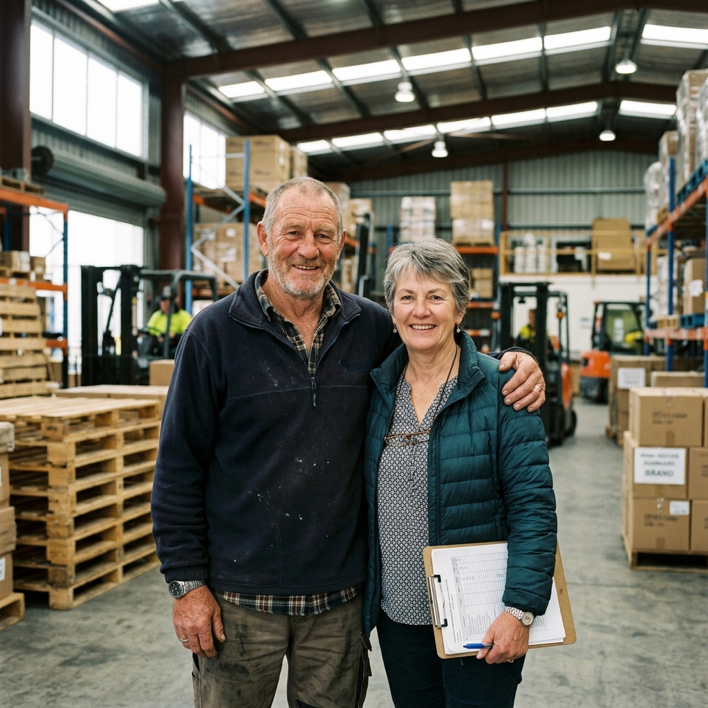 New Zealand couple standing in warehouse representing business succession planning